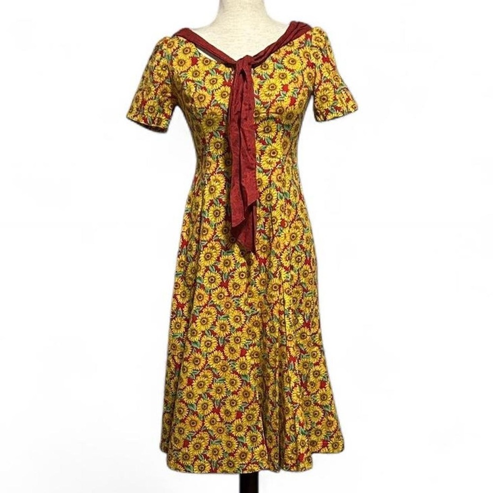 Red and Yellow Sunflower Vintage Hand Made Midi Dress